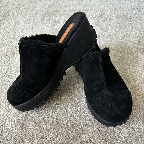 Rocket Dog Shoes - Rocket Dog Fran Black Nubuck Platform Clog Mule Faux Fur Y2K Slip On Open Back